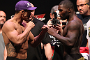 RIO DE JANEIRO, BRAZIL - JANUARY 13:  (L-R) Opponents Vitor Belfort and Anthony Johnson face off after weighing in during the UFC 142 Weigh In at HSBC Arena on January 13, 2012 in Rio de Janeiro, Brazil.  (Photo by Josh Hedges/Zuffa LLC/Zuffa LLC via Getty Images)