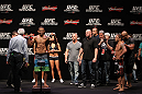 RIO DE JANEIRO, BRAZIL - JANUARY 13:  UFC Featherweight Champion Jose Aldo weighs in during the UFC 142 Weigh In at HSBC Arena on January 13, 2012 in Rio de Janeiro, Brazil.  (Photo by Josh Hedges/Zuffa LLC/Zuffa LLC via Getty Images)