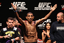 RIO DE JANEIRO, BRAZIL - JANUARY 13:  UFC Featherweight Champion Jose Aldo weighs in during the UFC 142 Weigh In at HSBC Arena on January 13, 2012 in Rio de Janeiro, Brazil.  (Photo by Josh Hedges/Zuffa LLC/Zuffa LLC via Getty Images)