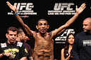 RIO DE JANEIRO, BRAZIL - JANUARY 13:  UFC Featherweight Champion Jose Aldo weighs in during the UFC 142 Weigh In at HSBC Arena on January 13, 2012 in Rio de Janeiro, Brazil.  (Photo by Josh Hedges/Zuffa LLC/Zuffa LLC via Getty Images)