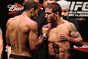 RIO DE JANEIRO, BRAZIL - JANUARY 13:  (L-R) UFC Featherweight Champion Jose Aldo and challenger Chad Mendes face off after weighing in during the UFC 142 Weigh In at HSBC Arena on January 13, 2012 in Rio de Janeiro, Brazil.  (Photo by Josh Hedges/Zuffa LLC/Zuffa LLC via Getty Images)