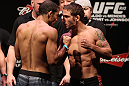 RIO DE JANEIRO, BRAZIL - JANUARY 13:  (L-R) UFC Featherweight Champion Jose Aldo and challenger Chad Mendes face off after weighing in during the UFC 142 Weigh In at HSBC Arena on January 13, 2012 in Rio de Janeiro, Brazil.  (Photo by Josh Hedges/Zuffa LLC/Zuffa LLC via Getty Images)