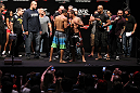 RIO DE JANEIRO, BRAZIL - JANUARY 13:  (L-R) UFC Featherweight Champion Jose Aldo and challenger Chad Mendes face off after weighing in during the UFC 142 Weigh In at HSBC Arena on January 13, 2012 in Rio de Janeiro, Brazil.  (Photo by Josh Hedges/Zuffa LLC/Zuffa LLC via Getty Images)