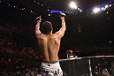 RIO DE JANEIRO, BRAZIL - JANUARY 14:  Felipe Arantes celebrates after defeating Antonio Carvalho in a featherweight bout during UFC 142 at HSBC Arena on January 14, 2012 in Rio de Janeiro, Brazil.  (Photo by Josh Hedges/Zuffa LLC/Zuffa LLC via Getty Images)