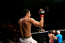 RIO DE JANEIRO, BRAZIL - JANUARY 14:  Felipe Arantes celebrates after defeating Antonio Carvalho in a featherweight bout during UFC 142 at HSBC Arena on January 14, 2012 in Rio de Janeiro, Brazil.  (Photo by Josh Hedges/Zuffa LLC/Zuffa LLC via Getty Images)