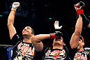 RIO DE JANEIRO, BRAZIL - JANUARY 14:  Felipe Arantes celebrates after defeating Antonio Carvalho in a featherweight bout during UFC 142 at HSBC Arena on January 14, 2012 in Rio de Janeiro, Brazil.  (Photo by Josh Hedges/Zuffa LLC/Zuffa LLC via Getty Images)