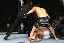 RIO DE JANEIRO, BRAZIL - JANUARY 14:  Referee Mario Yamasaki calls the fight as Mike Pyle punches down Ricardo Funch in a welterweight bout during UFC 142 at HSBC Arena on January 14, 2012 in Rio de Janeiro, Brazil.  (Photo by Josh Hedges/Zuffa LLC/Zuffa LLC via Getty Images)