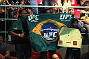 RIO DE JANEIRO, BRAZIL - JANUARY 14:  Fans cheer prior to the Jose Aldo versus Chad Mendes featherweight bout during UFC 142 at HSBC Arena on January 14, 2012 in Rio de Janeiro, Brazil.  (Photo by Josh Hedges/Zuffa LLC/Zuffa LLC via Getty Images)