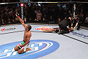 RIO DE JANEIRO, BRAZIL - JANUARY 14:  Edson Barboza celebrates after knocking out Terry Etim in a lightweight bout during UFC 142 at HSBC Arena on January 14, 2012 in Rio de Janeiro, Brazil.  (Photo by Josh Hedges/Zuffa LLC/Zuffa LLC via Getty Images)