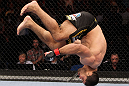 RIO DE JANEIRO, BRAZIL - JANUARY 14:  Rousimar Palhares celebrates with a backflip after defeating Mike Massenzio in a middleweight bout during UFC 142 at HSBC Arena on January 14, 2012 in Rio de Janeiro, Brazil.  (Photo by Josh Hedges/Zuffa LLC/Zuffa LLC via Getty Images)