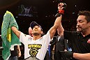 RIO DE JANEIRO, BRAZIL - JANUARY 14:  Jose Aldo (L) celebrates after defeating Chad Mendes in a featherweight bout during UFC 142 at HSBC Arena on January 14, 2012 in Rio de Janeiro, Brazil.  (Photo by Josh Hedges/Zuffa LLC/Zuffa LLC via Getty Images)