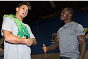 NASHVILLE, TN - JANUARY 18:  (L-R) Tennessee Titans defensive back Cortland Finnegan meets UFC fighter Melvin Guillard during the UFC on FX open workouts at the Nashville MMA Gym on January 18, 2012 in Nashville, Tennessee.  (Photo by Josh Hedges/Zuffa LLC/Zuffa LLC via Getty Images)
