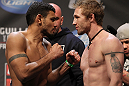 NASHVILLE, TN - JANUARY 19:  (L-R) Fabricio Camoes and Tommy Hayden face off after weighing in during the UFC on FX official weigh in at Bridgestone Arena on January 19, 2012 in Nashville, Tennessee.  (Photo by Josh Hedges/Zuffa LLC/Zuffa LLC via Getty Images)