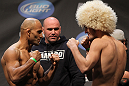 NASHVILLE, TN - JANUARY 19:  (L-R) Opponents Kamal Shalorus and Khabib Nurmagomedov face off after weighing in during the UFC on FX official weigh in at Bridgestone Arena on January 19, 2012 in Nashville, Tennessee.  (Photo by Josh Hedges/Zuffa LLC/Zuffa LLC via Getty Images)