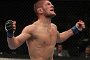 NASHVILLE, TN - JANUARY 20:  Khabib Nurmagomedov reacts after defeating Kamal Shalorus during the UFC on FX event at Bridgestone Arena on January 20, 2012 in Nashville, Tennessee.  (Photo by Josh Hedges/Zuffa LLC/Zuffa LLC via Getty Images)