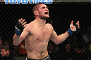 NASHVILLE, TN - JANUARY 20:  Khabib Nurmagomedov reacts after defeating Kamal Shalorus during the UFC on FX event at Bridgestone Arena on January 20, 2012 in Nashville, Tennessee.  (Photo by Josh Hedges/Zuffa LLC/Zuffa LLC via Getty Images)