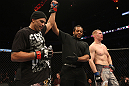 NASHVILLE, TN - JANUARY 20:  Jorge Rivera (L) reacts after defeating Eric Schafer during the UFC on FX event at Bridgestone Arena on January 20, 2012 in Nashville, Tennessee.  (Photo by Josh Hedges/Zuffa LLC/Zuffa LLC via Getty Images)