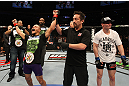 NASHVILLE, TN - JANUARY 20:  Mike Easton (L) reacts after his victory over Jared Papazian during the UFC on FX event at Bridgestone Arena on January 20, 2012 in Nashville, Tennessee.  (Photo by Josh Hedges/Zuffa LLC/Zuffa LLC via Getty Images)