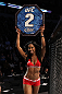 NASHVILLE, TN - JANUARY 20:  UFC Octagon Girl Chandella Powell introduces round two before the Brenneman vs Roberts bout during the UFC on FX event at Bridgestone Arena on January 20, 2012 in Nashville, Tennessee.  (Photo by Josh Hedges/Zuffa LLC/Zuffa LLC via Getty Images)