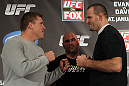 CHICAGO, IL - JANUARY 26:  (L-R) Heavyweight opponents Mike Russow and Jon-Olav Einemo face off during the UFC on FOX press conference at the W Hotel on January 26, 2012 in Chicago, Illinois.  (Photo by Josh Hedges/Zuffa LLC/Zuffa LLC via Getty Images) *** Local Caption *** Mike Russow; Jon-Olav Einemo
