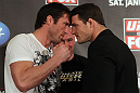 CHICAGO, IL - JANUARY 26:  (L-R) Middleweight opponents Chael Sonnen and Michael Bisping face off during the UFC on FOX press conference at the W Hotel on January 26, 2012 in Chicago, Illinois.  (Photo by Josh Hedges/Zuffa LLC/Zuffa LLC via Getty Images) *** Local Caption *** Chael Sonnen; Michael Bisping
