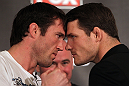CHICAGO, IL - JANUARY 26:  (L-R) Middleweight opponents Chael Sonnen and Michael Bisping face off during the UFC on FOX press conference at the W Hotel on January 26, 2012 in Chicago, Illinois.  (Photo by Josh Hedges/Zuffa LLC/Zuffa LLC via Getty Images) *** Local Caption *** Chael Sonnen; Michael Bisping