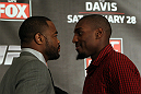 CHICAGO, IL - JANUARY 26:  (L-R) Light Heavyweight opponents Rashad Evans and Phil Davis face off during the UFC on FOX press conference at the W Hotel on January 26, 2012 in Chicago, Illinois.  (Photo by Josh Hedges/Zuffa LLC/Zuffa LLC via Getty Images) *** Local Caption *** Rashad Evans; Phil Davis
