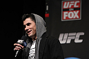 CHICAGO, IL - JANUARY 27:  UFC Bantamweight Champion Dominick Cruz interacts with fans during a Q&A session before the UFC on FOX official weigh in at the Chicago Theatre on January 27, 2012 in Chicago, Illinois.  (Photo by Josh Hedges/Zuffa LLC/Zuffa LLC via Getty Images) *** Local Caption *** Dominick Cruz