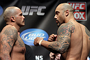 CHICAGO, IL - JANUARY 27:  (L-R) Heavyweight opponents Joey Beltran and Lavar Johnson face off after weighing in during the UFC on FOX official weigh in at the Chicago Theatre on January 27, 2012 in Chicago, Illinois.  (Photo by Josh Hedges/Zuffa LLC/Zuffa LLC via Getty Images) *** Local Caption *** Joey Beltran; Lavar Johnson
