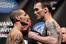 CHICAGO, IL - JANUARY 27:  (L-R) Featherweight opponents Cub Swanson and George Roop face off after weighing in during the UFC on FOX official weigh in at the Chicago Theatre on January 27, 2012 in Chicago, Illinois.  (Photo by Josh Hedges/Zuffa LLC/Zuffa LLC via Getty Images) *** Local Caption *** George Roop; Cub Swanson