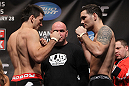 CHICAGO, IL - JANUARY 27:  (L-R) Middleweight opponents Demian Maia and Chris Weidman face off after weighing in during the UFC on FOX official weigh in at the Chicago Theatre on January 27, 2012 in Chicago, Illinois.  (Photo by Josh Hedges/Zuffa LLC/Zuffa LLC via Getty Images) *** Local Caption *** Demian Maia; Chris Weidman