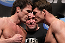 CHICAGO, IL - JANUARY 27:  (L-R) Middleweight opponents Chael Sonnen and Michael Bisping face off after weighing in during the UFC on FOX official weigh in at the Chicago Theatre on January 27, 2012 in Chicago, Illinois.  (Photo by Josh Hedges/Zuffa LLC/Zuffa LLC via Getty Images) *** Local Caption *** Chael Sonnen; Michael Bisping