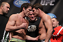 CHICAGO, IL - JANUARY 27:  (L-R) Middleweight opponents Chael Sonnen and Michael Bisping face off after weighing in during the UFC on FOX official weigh in at the Chicago Theatre on January 27, 2012 in Chicago, Illinois.  (Photo by Josh Hedges/Zuffa LLC/Zuffa LLC via Getty Images) *** Local Caption *** Chael Sonnen; Michael Bisping