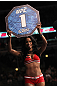 CHICAGO, IL - JANUARY 28:  UFC Octagon Girl Chandella Powell introduces round 1 before the Johnson vs Roller bout during the UFC on FOX event at United Center on January 28, 2012 in Chicago, Illinois.  (Photo by Nick Laham/Zuffa LLC/Zuffa LLC via Getty Images) *** Local Caption *** Chandella Powell