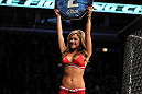 CHICAGO, IL - JANUARY 28:  UFC Octagon Girl Brittney Palmer introduces round two before the Johnson vs Roller bout during the UFC on FOX event at United Center on January 28, 2012 in Chicago, Illinois.  (Photo by Josh Hedges/Zuffa LLC/Zuffa LLC via Getty Images) *** Local Caption *** Brittney Palmer
