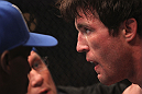 CHICAGO, IL - JANUARY 28:  Chael Sonnen sits in his corner between rounds during his bout against Michael Bisping during the UFC on FOX event at United Center on January 28, 2012 in Chicago, Illinois.  (Photo by Nick Laham/Zuffa LLC/Zuffa LLC via Getty Images) *** Local Caption *** Chael Sonnen