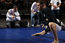 LAS VEGAS, NV - FEBRUARY 01:  Nick Diaz works out for the media and fans during the UFC 143 open workouts at Mandalay Bay Events Center on February 1, 2012 in Las Vegas, United States.  (Photo by Josh Hedges/Zuffa LLC/Zuffa LLC via Getty Images) *** Local Caption *** Nick Diaz