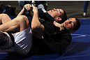 LAS VEGAS, NV - FEBRUARY 01:  Nick Diaz works out for the media and fans during the UFC 143 open workouts at Mandalay Bay Events Center on February 1, 2012 in Las Vegas, United States.  (Photo by Josh Hedges/Zuffa LLC/Zuffa LLC via Getty Images) *** Local Caption *** Nick Diaz