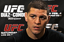 LAS VEGAS, NV - FEBRUARY 01:  Nick Diaz answers questions from the media during the UFC 143 open workouts at Mandalay Bay Events Center on February 1, 2012 in Las Vegas, United States.  (Photo by Josh Hedges/Zuffa LLC/Zuffa LLC via Getty Images) *** Local Caption *** Nick Diaz