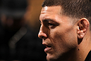 LAS VEGAS, NV - FEBRUARY 01:  Nick Diaz answers questions from the media during the UFC 143 open workouts at Mandalay Bay Events Center on February 1, 2012 in Las Vegas, United States.  (Photo by Josh Hedges/Zuffa LLC/Zuffa LLC via Getty Images) *** Local Caption *** Nick Diaz