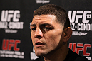 LAS VEGAS, NV - FEBRUARY 01:  Nick Diaz answers questions from the media during the UFC 143 open workouts at Mandalay Bay Events Center on February 1, 2012 in Las Vegas, United States.  (Photo by Josh Hedges/Zuffa LLC/Zuffa LLC via Getty Images) *** Local Caption *** Nick Diaz