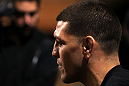 LAS VEGAS, NV - FEBRUARY 01:  Nick Diaz answers questions from the media during the UFC 143 open workouts at Mandalay Bay Events Center on February 1, 2012 in Las Vegas, United States.  (Photo by Josh Hedges/Zuffa LLC/Zuffa LLC via Getty Images) *** Local Caption *** Nick Diaz