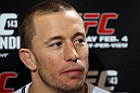 LAS VEGAS, NV - FEBRUARY 01:  Georges St-Pierre answers questions from the media before the UFC 143 open workouts at Mandalay Bay Events Center on February 1, 2012 in Las Vegas, United States.  (Photo by Josh Hedges/Zuffa LLC/Zuffa LLC via Getty Images) *** Local Caption *** Georges St-Pierre