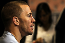 LAS VEGAS, NV - FEBRUARY 01:  Georges St-Pierre answers questions from the media before the UFC 143 open workouts at Mandalay Bay Events Center on February 1, 2012 in Las Vegas, United States.  (Photo by Josh Hedges/Zuffa LLC/Zuffa LLC via Getty Images) *** Local Caption *** Georges St-Pierre