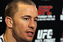 LAS VEGAS, NV - FEBRUARY 01:  Georges St-Pierre answers questions from the media before the UFC 143 open workouts at Mandalay Bay Events Center on February 1, 2012 in Las Vegas, United States.  (Photo by Josh Hedges/Zuffa LLC/Zuffa LLC via Getty Images) *** Local Caption *** Georges St-Pierre