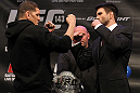 LAS VEGAS, NV - FEBRUARY 02:  (L-R) Opponents Nick Diaz and Carlos Condit face off during the UFC 143 final pre-fight press conference at the Mandalay Bay Hotel & Casino on February 2, 2012 in Las Vegas, United States.  (Photo by Josh Hedges/Zuffa LLC/Zuffa LLC via Getty Images) *** Local Caption *** Nick Diaz; Carlos Condit