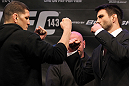 LAS VEGAS, NV - FEBRUARY 02:  (L-R) Opponents Nick Diaz and Carlos Condit face off during the UFC 143 final pre-fight press conference at the Mandalay Bay Hotel & Casino on February 2, 2012 in Las Vegas, United States.  (Photo by Josh Hedges/Zuffa LLC/Zuffa LLC via Getty Images) *** Local Caption *** Nick Diaz; Carlos Condit