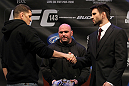 LAS VEGAS, NV - FEBRUARY 02:  (L-R) Opponents Nick Diaz and Carlos Condit face off during the UFC 143 final pre-fight press conference at the Mandalay Bay Hotel & Casino on February 2, 2012 in Las Vegas, United States.  (Photo by Josh Hedges/Zuffa LLC/Zuffa LLC via Getty Images) *** Local Caption *** Nick Diaz; Carlos Condit