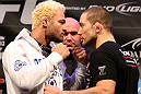 LAS VEGAS, NV - FEBRUARY 02:  (L-R) Opponents Josh Koscheck and Mike Pierce face off during the UFC 143 final pre-fight press conference at the Mandalay Bay Hotel & Casino on February 2, 2012 in Las Vegas, United States.  (Photo by Josh Hedges/Zuffa LLC/Zuffa LLC via Getty Images) *** Local Caption *** Josh Koscheck; Mike Pierce