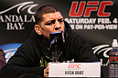 LAS VEGAS, NV - FEBRUARY 02:  Nick Diaz attends the UFC 143 final pre-fight press conference at the Mandalay Bay Hotel & Casino on February 2, 2012 in Las Vegas, United States.  (Photo by Josh Hedges/Zuffa LLC/Zuffa LLC via Getty Images) *** Local Caption *** Nick Diaz